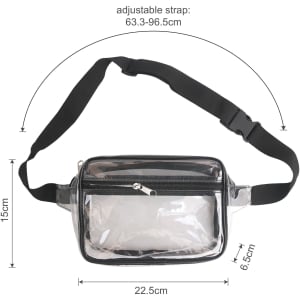 A clear fanny pack with a black adjustable strap, featuring a main compartment and a front zip pocket.
