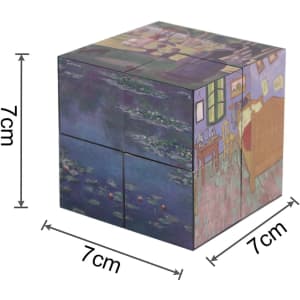 A 3D puzzle cube featuring colourful artwork on all sides, measuring 7cm x 7cm x 7cm. Includes a logo.
