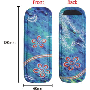 A colourful Icy Pole Holder in blue, featuring floral designs and a logo, with dimensions shown.