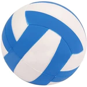 A volleyball-shaped stress reliever in blue and white, featuring a smooth, squeezable surface and a logo.