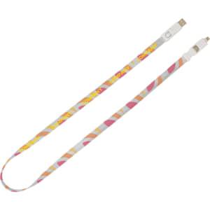 A 6 in 1 polyester lanyard charging cable in grey, pink, and yellow with connectors on both ends and branding.