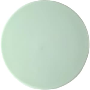 A round mirror with a pale green surface, featuring a smooth edge and a reflective back. It has branding on the back.