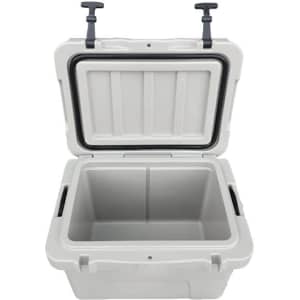 A 25L cooler box in light grey with a removable lid and sturdy handles, featuring an interior without contents.
