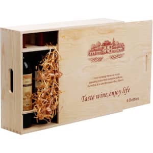 A wooden gift box in natural finish holds six wine bottles, featuring wood shavings and a logo on the front.