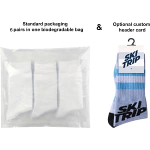 Biodegradable bag containing six pairs of patterned merino wool socks in blue and white with a logo.