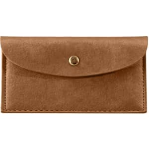 A PU leather glasses pouch in a light brown shade with a snap closure and a branding logo.