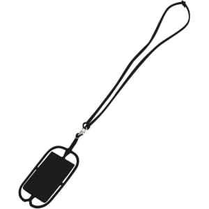 A black phone holder with a silicone lanyard, designed for secure carrying. Features a small logo.