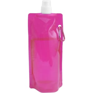 A pink 480ml collapsible pouch drink bottle with a spray nozzle and a small attachment loop.