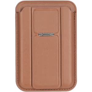 A brown PU magnetic card holder featuring a phone stand, designed with a sleek and minimalistic look.