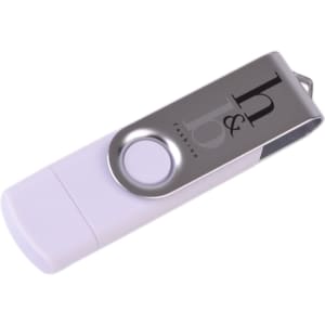 A double-end Belton Type C flash drive in white and silver with a logo on the metallic surface.