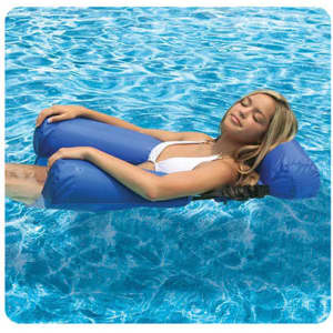 A blue inflatable floating chair in a pool, featuring a person relaxing with their eyes closed.