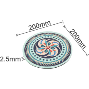 A circular trivet with a decorative pattern, measuring 200mm in diameter and 2.5mm thick, featuring pastel colours.