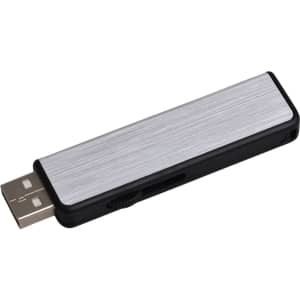 A sleek silver and black flash drive with a brushed metal finish and a USB connector.