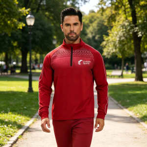 A red polyester spandex jacket with a stand-up collar and 1/4 zip, featuring raglan sleeves and a logo.