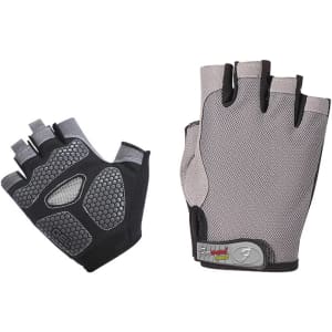 A pair of grey and black anti-slip bike gloves with fingerless design and textured grip. Features branding on the wrist area.