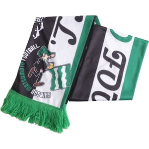 A polyester scarf featuring green, black, and white colours, with a logo and a character design.