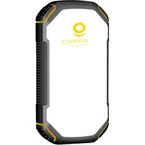 A rugged black and yellow power bank with a sleek design and a logo on the surface.