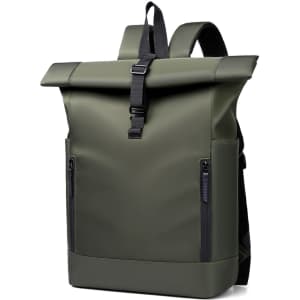 A roll top laptop backpack in dark green with adjustable straps and zippered front pockets. It features a logo.