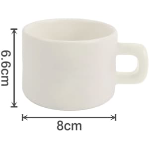 A white ceramic mug with a handle, featuring dimensions of 6.6cm in height and 8cm in width.