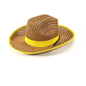 A Western straw hat in natural brown with a yellow band around the brim and a mesh design.