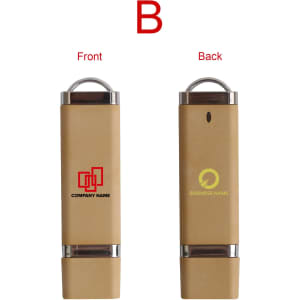 A brown eco-friendly flash drive with metal accents, featuring logos on both sides.