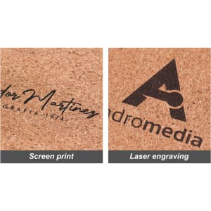 Custom shaped cork mouse mat featuring a natural cork surface, screen printed and laser engraved logos in black.