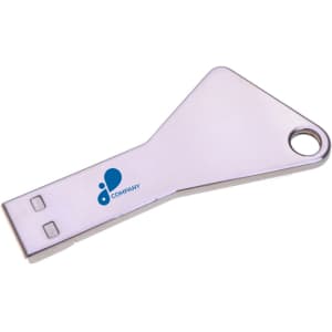 A silver flash drive in the shape of a key, featuring a logo and a hole for a keychain attachment.