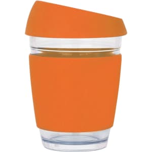 A drink bottle featuring a transparent body with an orange silicone sleeve and lid, designed for reusable coffee.