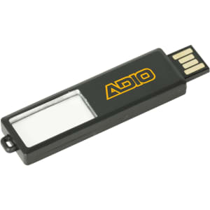 A black sliding acrylic flash drive with a logo, featuring a clear window and USB connector.