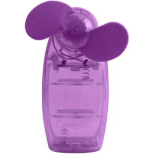 A purple transparent handheld fan with two blades and a small base, featuring a logo.