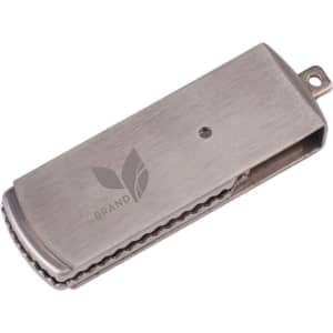 A metallic rectangular swivel flash drive with a textured surface and a logo on the side.