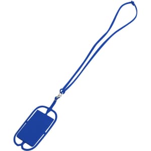 A blue phone holder with a silicone lanyard, featuring a simple design and a logo on the holder.