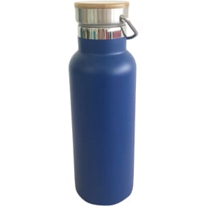 A drink bottle in navy blue with a stainless steel body and bamboo lid, featuring a metal handle.