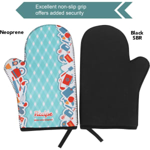A neoprene oven mitt showcasing a colourful design on one side and a black SBR textured grip on the other side.