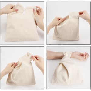 A cream cotton wrist bag is being manipulated, showcasing its flexible design and secure handle.