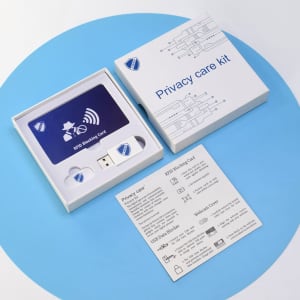 A RFID promo set featuring a blocking card and USB stick in a white box, with blue accents and a logo.