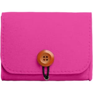 A pink felt essential oil bag with a wooden button closure, featuring a simple and stylish design.