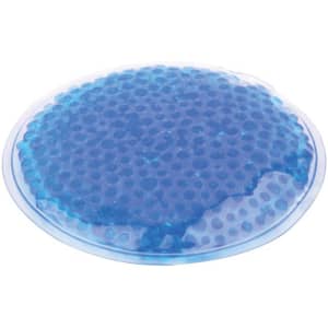 A blue gel cold/hot pack with a textured surface and circular shape, featuring a logo.
