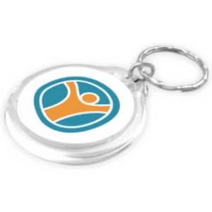 Round acrylic keyring featuring an orange and teal design, attached to a silver keychain.