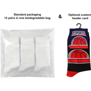 A pack of three pairs of black and red sports socks, with optional custom header card, in biodegradable packaging.