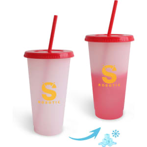 A drink cup with a red lid and straw, featuring a gradient colour change from clear to pink, and a logo.