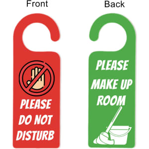 A custom shape acrylic door hanger with a red "Do Not Disturb" front and a green "Make Up Room" back, featuring icons.