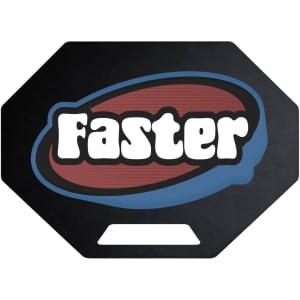 A custom-shaped black PP fan featuring the word "Faster" in bold, playful typography and a logo.