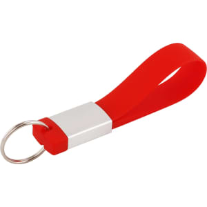 A red silicone tag flash drive with a silver metallic connector and keyring attachment.