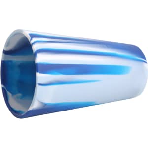 A drink bottle in swirling blue and white colours with a smooth silicone texture and a rounded shape.