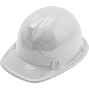 A white PVC construction hat with a smooth surface and a rounded top. It features ventilation holes and a logo.