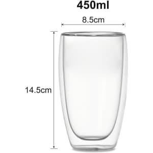 A double wall glass with a translucent design, measuring 14.5 cm in height and 8.5 cm in diameter.