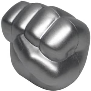 A silver clenched fist shape stress reliever with a smooth finish and rounded edges.
