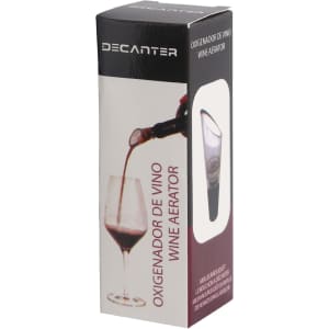 A wine aerator in a sleek box, featuring a black and burgundy design with a logo and image of the product.