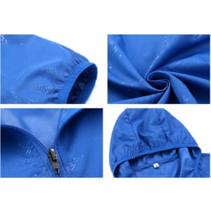 A blue unisex jacket made of 100% polyester, featuring a hood and detailed stitching, with a logo present.
